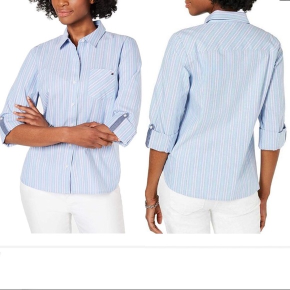 🟪Firm Price🟪 Tommy Hilfiger Cotton Striped Roll-Tab Shirt - Picture 1 of 11